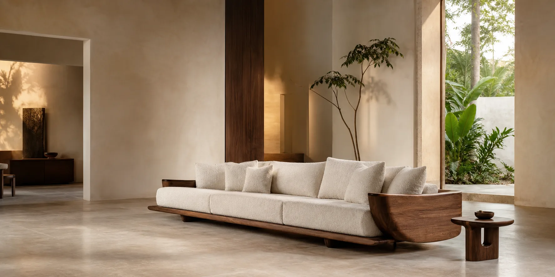 Detail sofa kayu jati dalam interior bernuansa hangat
