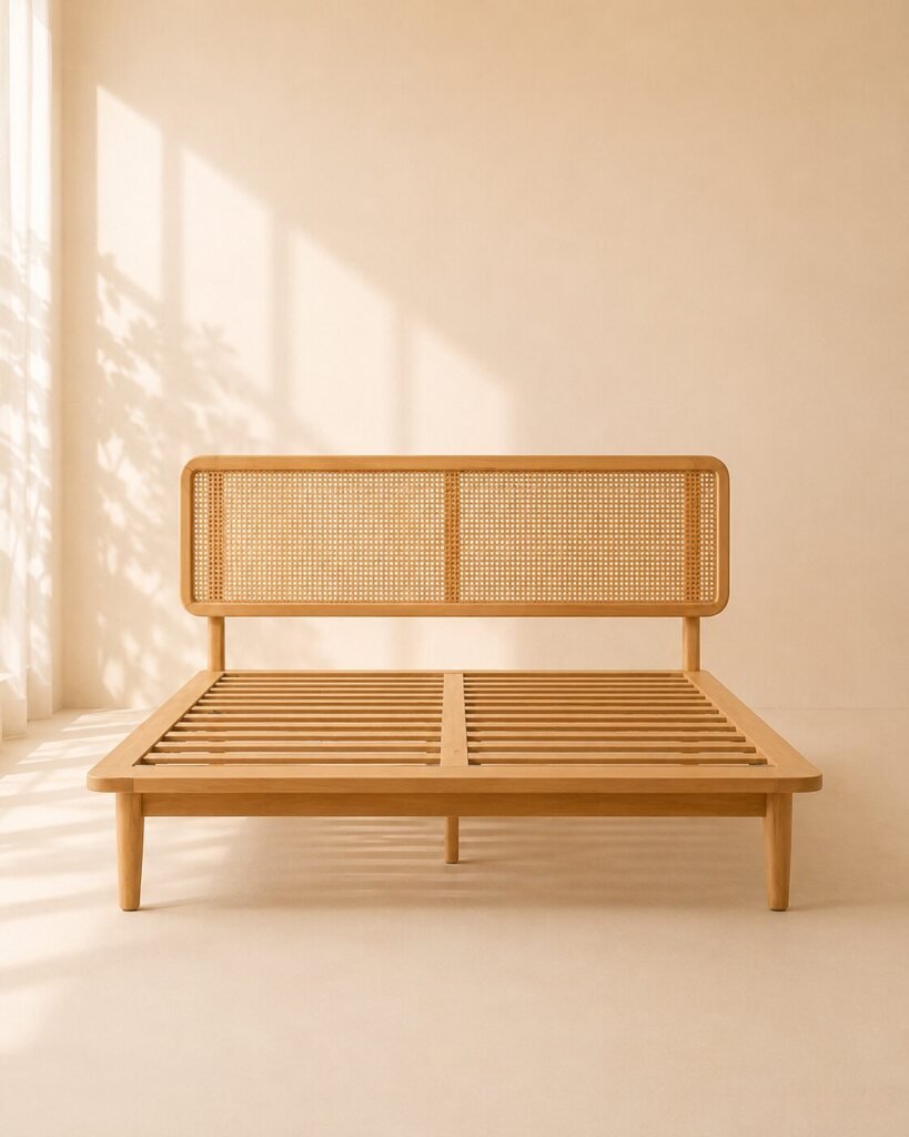 Kyra Bed – Tempat Tidur Kayu Jati Rotan Minimalis