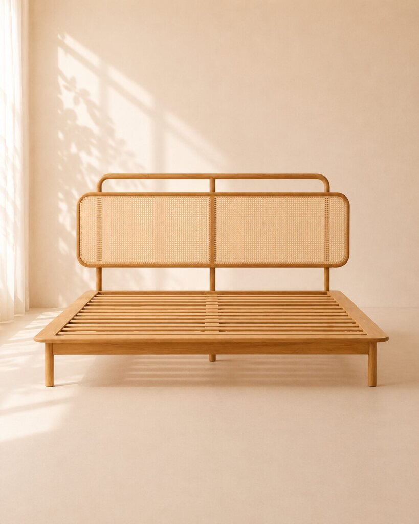 Orlan Bed – Tempat Tidur Kayu Jati Rotan Minimalis