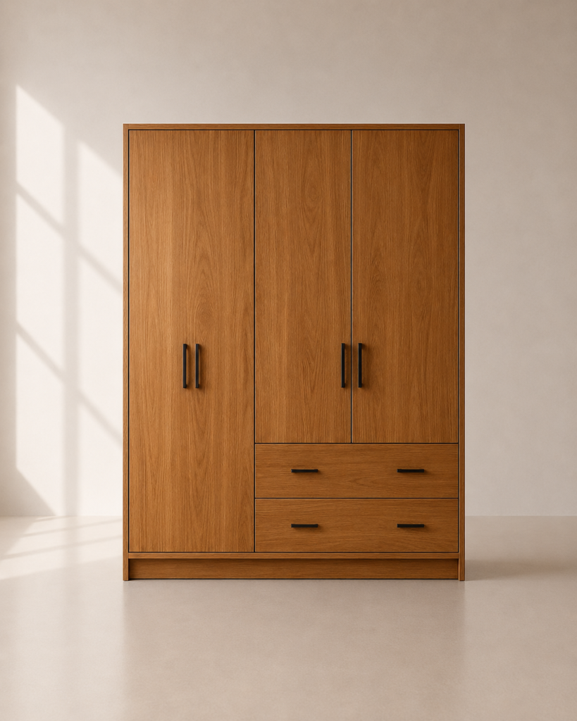 Elara Wardrobe – Lemari Pakaian Kayu Jati 4 Pintu Minimalis