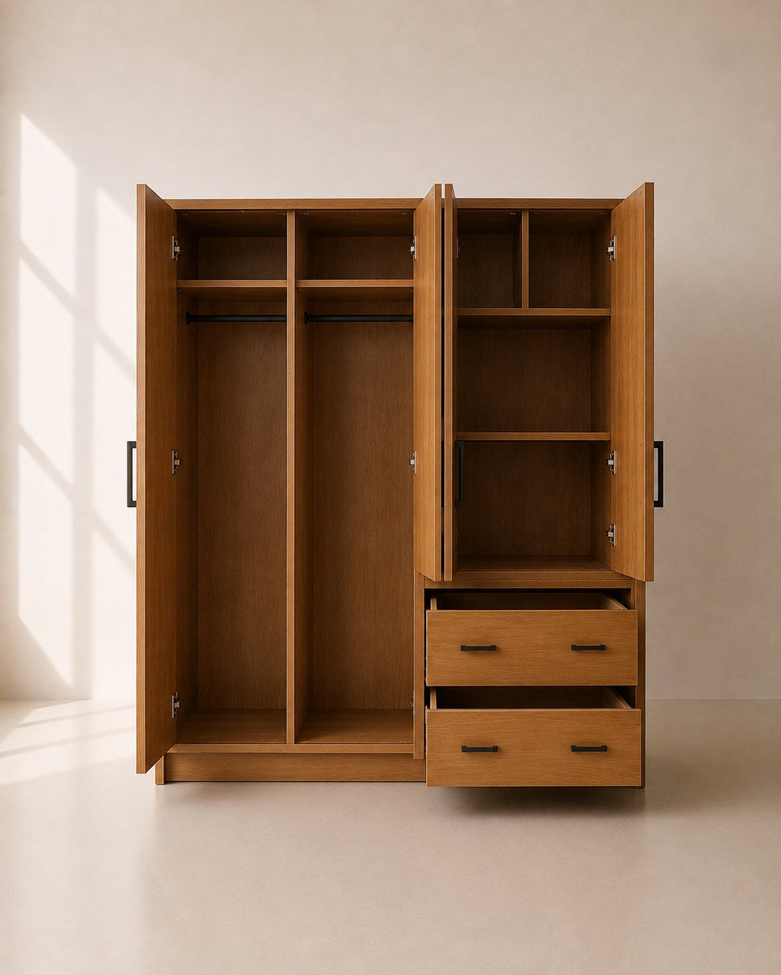 Elara Wardrobe – Lemari Pakaian Kayu Jati 4 Pintu Minimalis — foto 4