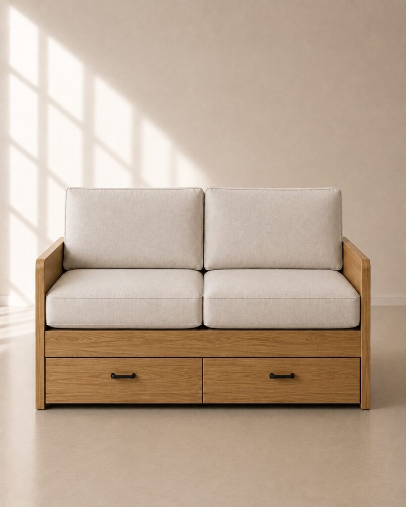 Kova Storage Sofa – Sofa Bed Kayu Jati dengan Penyimpanan