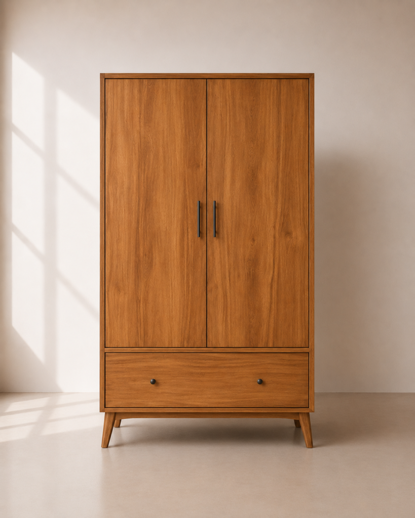 Lena Wardrobe – Lemari Pakaian Kayu Jati 2 Pintu dengan Laci